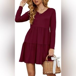 MISFAY Women Fall Casual Swing Ruffle Long Sleeve Tunic Dress Burgundy L